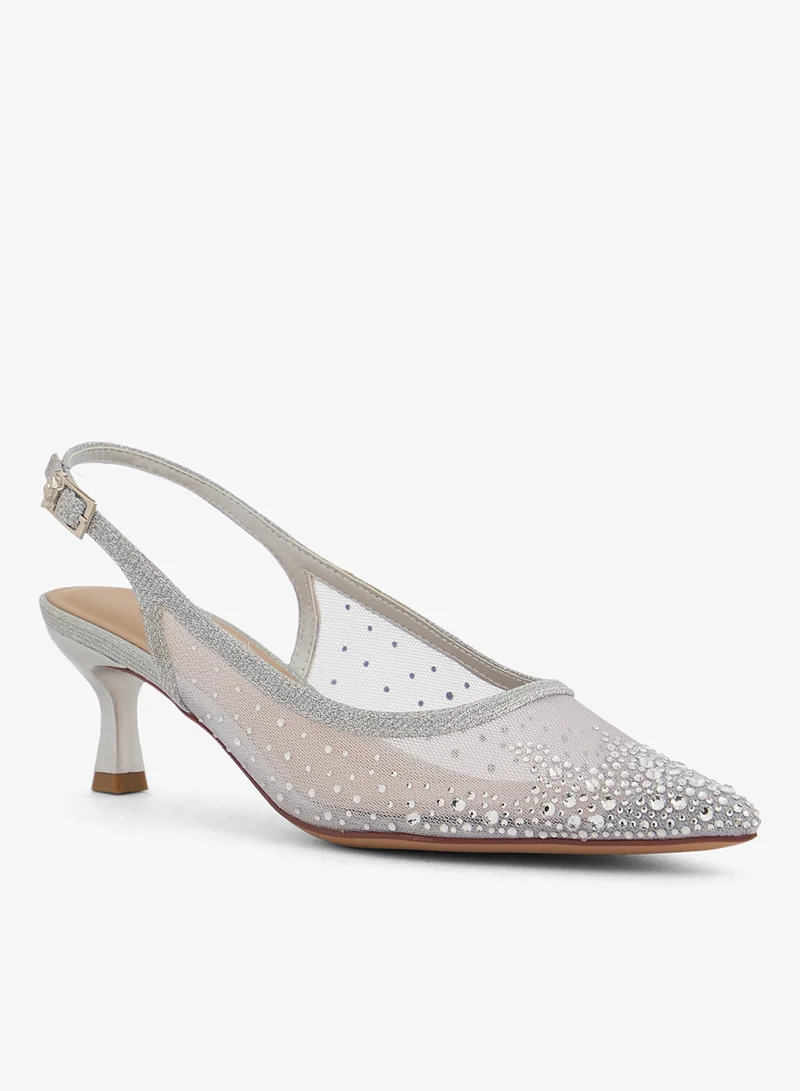 Ella Limited Edition Mesh Rhinestone Embellished Silver Mid Heel Pumps